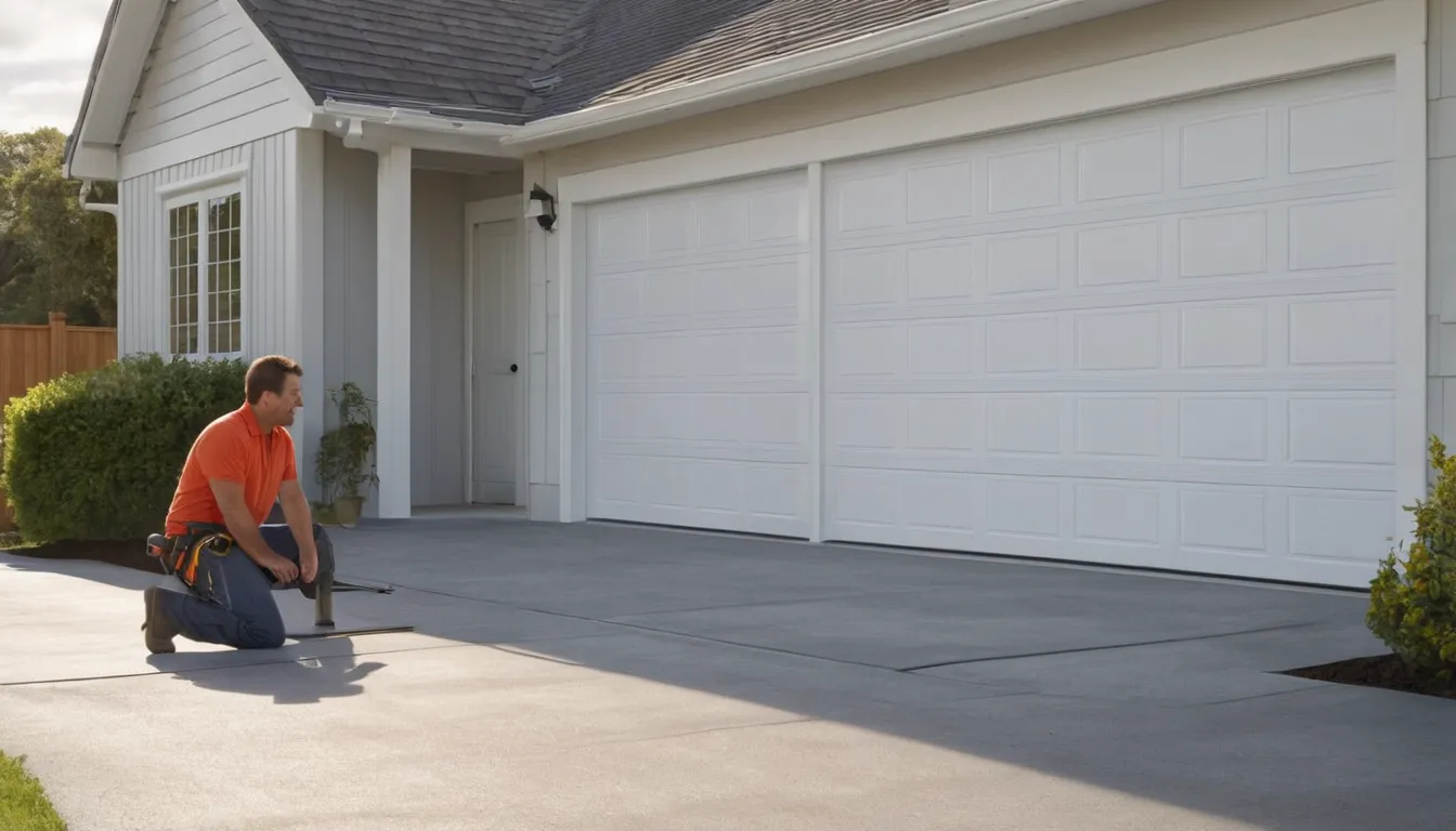 A friendly garage door provider checking the tracks of a residential garage door at a home in the Maryland Heights area